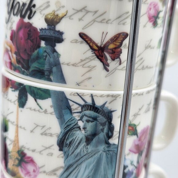 New York City Skyline Set of 4 Stacking Porcelain Mugs with a Metal Rack - Picture 8 of 12